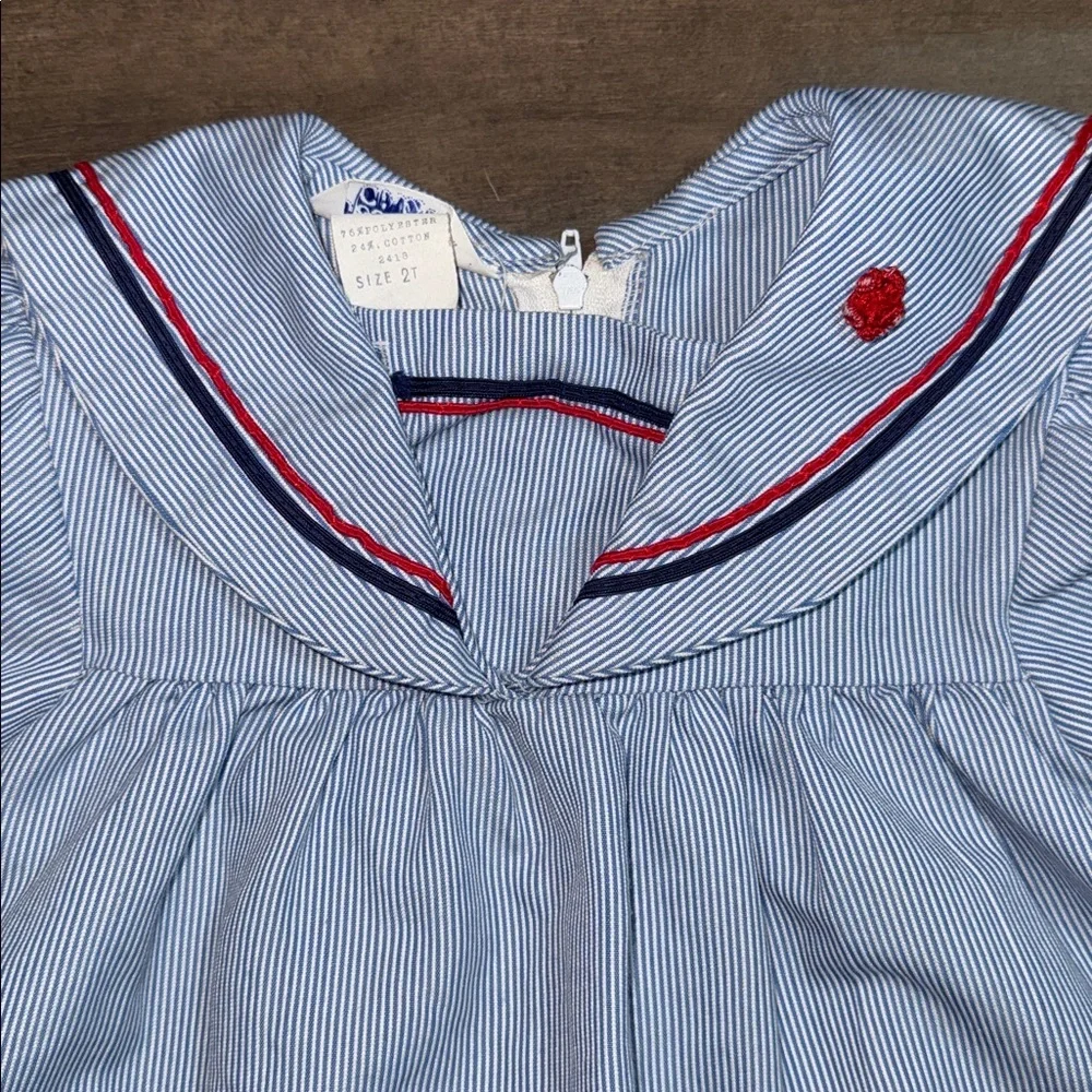 Vintage Blue White Pinstripe Sailor Dress Nautical Puff Sleeve SZ 2T